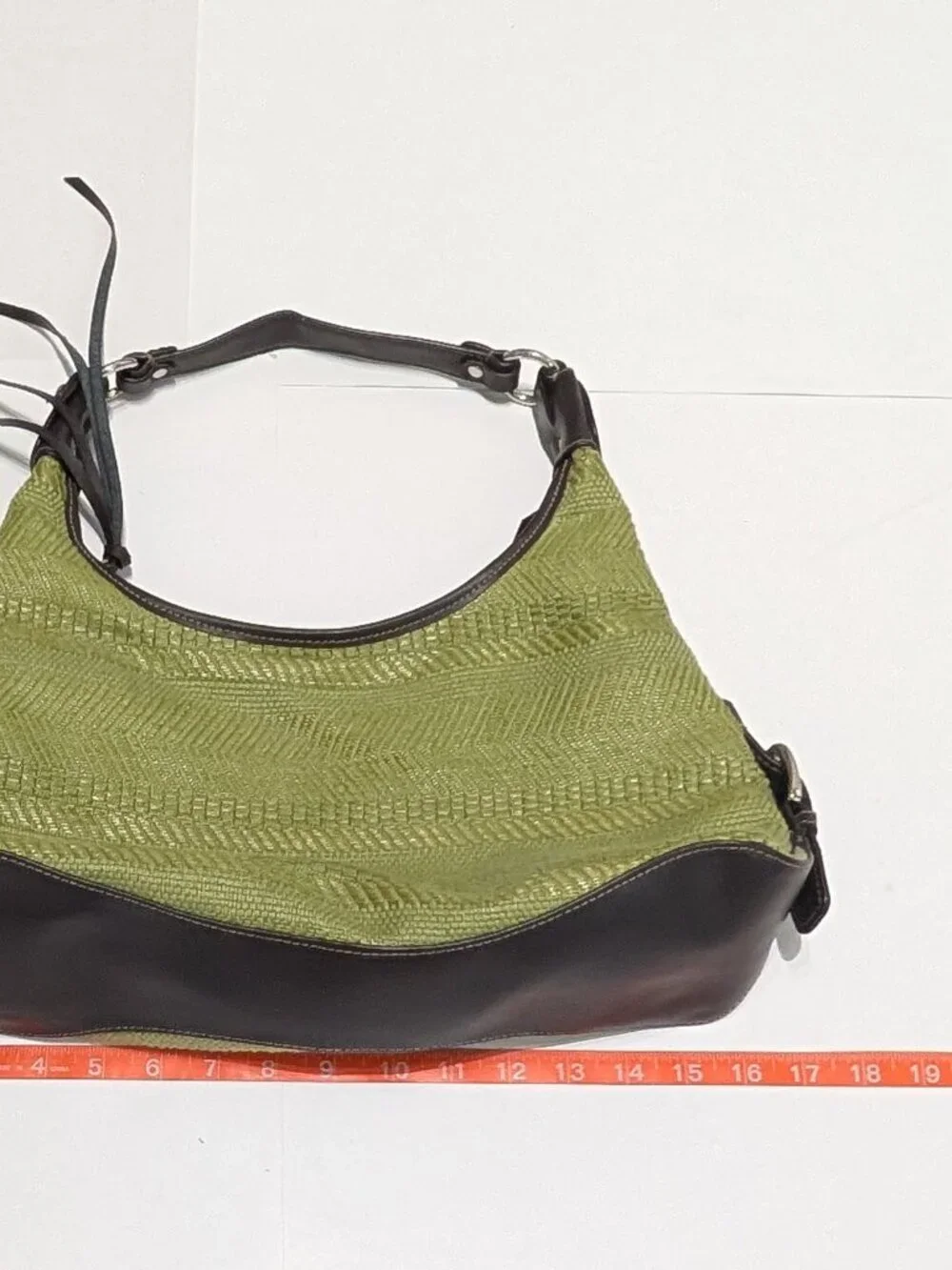 Worthington Green Cotton Woven Hobo Shoulder Bag with Brown Leather Accents